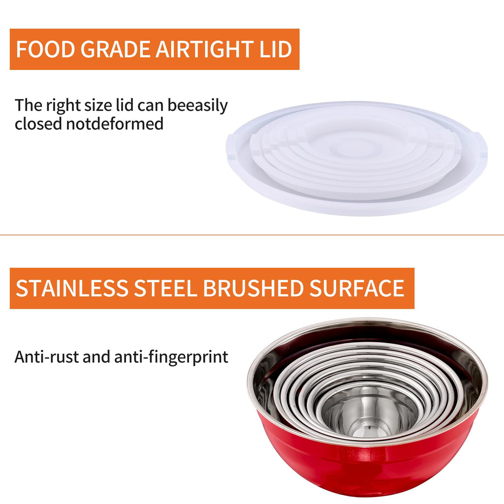 Onlycooker Red Mixing Bowls With Airtight Lids,Stainless Steel Bowl,Salad Bowls 7 Piece Colorful Nesting Bowl Red Kitchen Accessories,Size 7,3.6,2.7,2.1,1.5,1.1,0.8QT Stackable Design