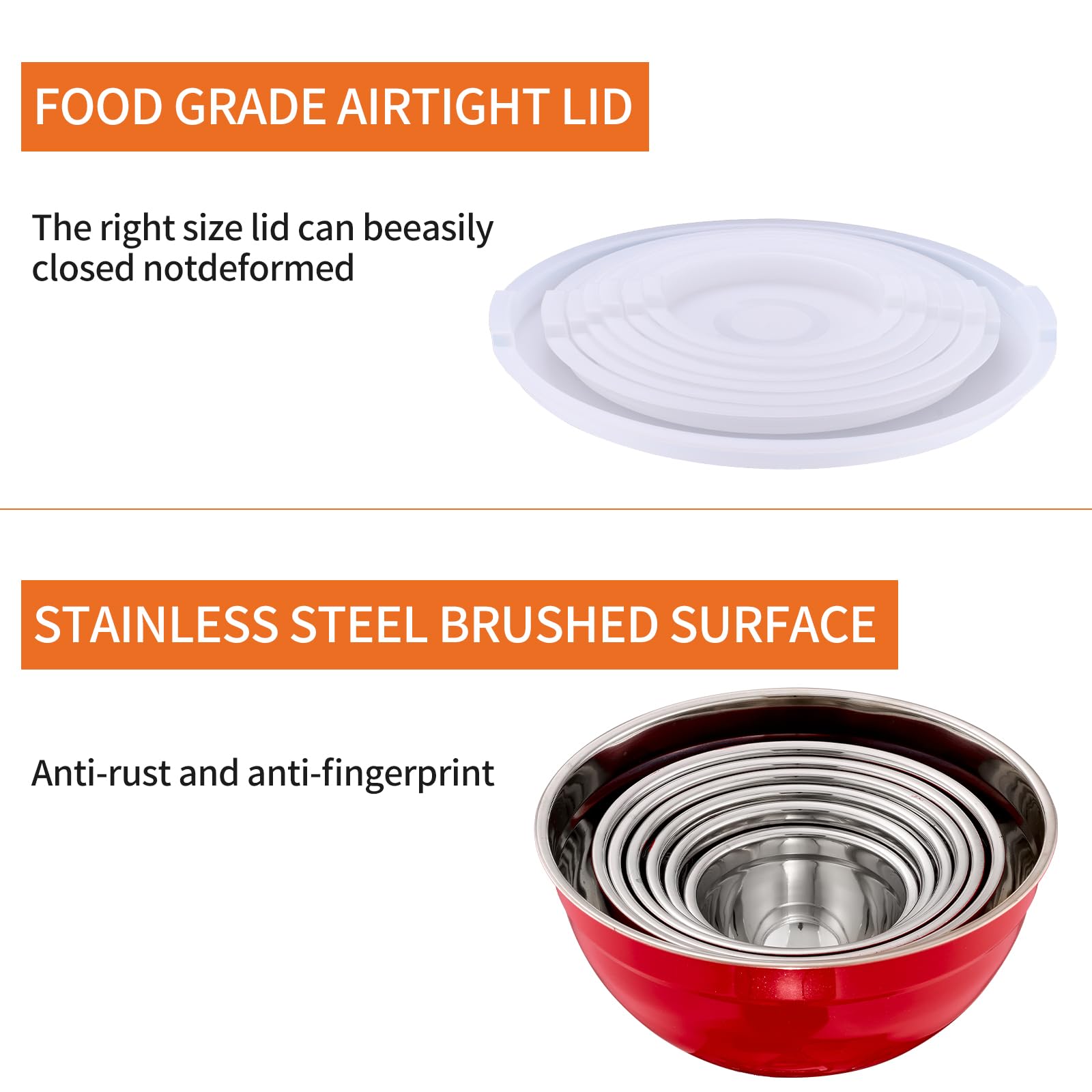 Onlycooker Red Mixing Bowls With Airtight Lids,Stainless Steel Bowl,Salad Bowls 7 Piece Colorful Nesting Bowl Red Kitchen Accessories,Size 7,3.6,2.7,2.1,1.5,1.1,0.8QT Stackable Design