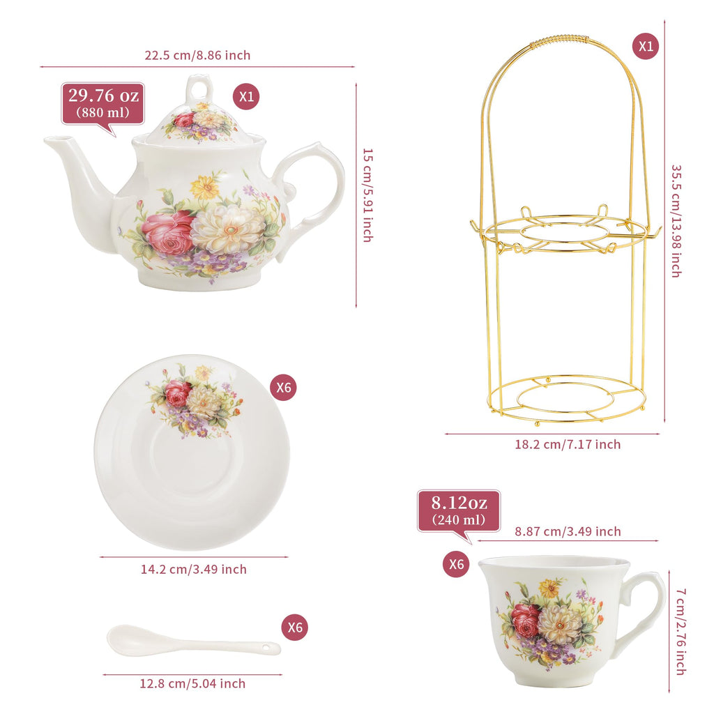 20-Pieces Porcelain Tea Sets For Women, Tea Set For Adult with Golden Metal Rack,Tea Gift Sets for Home&Party(012)