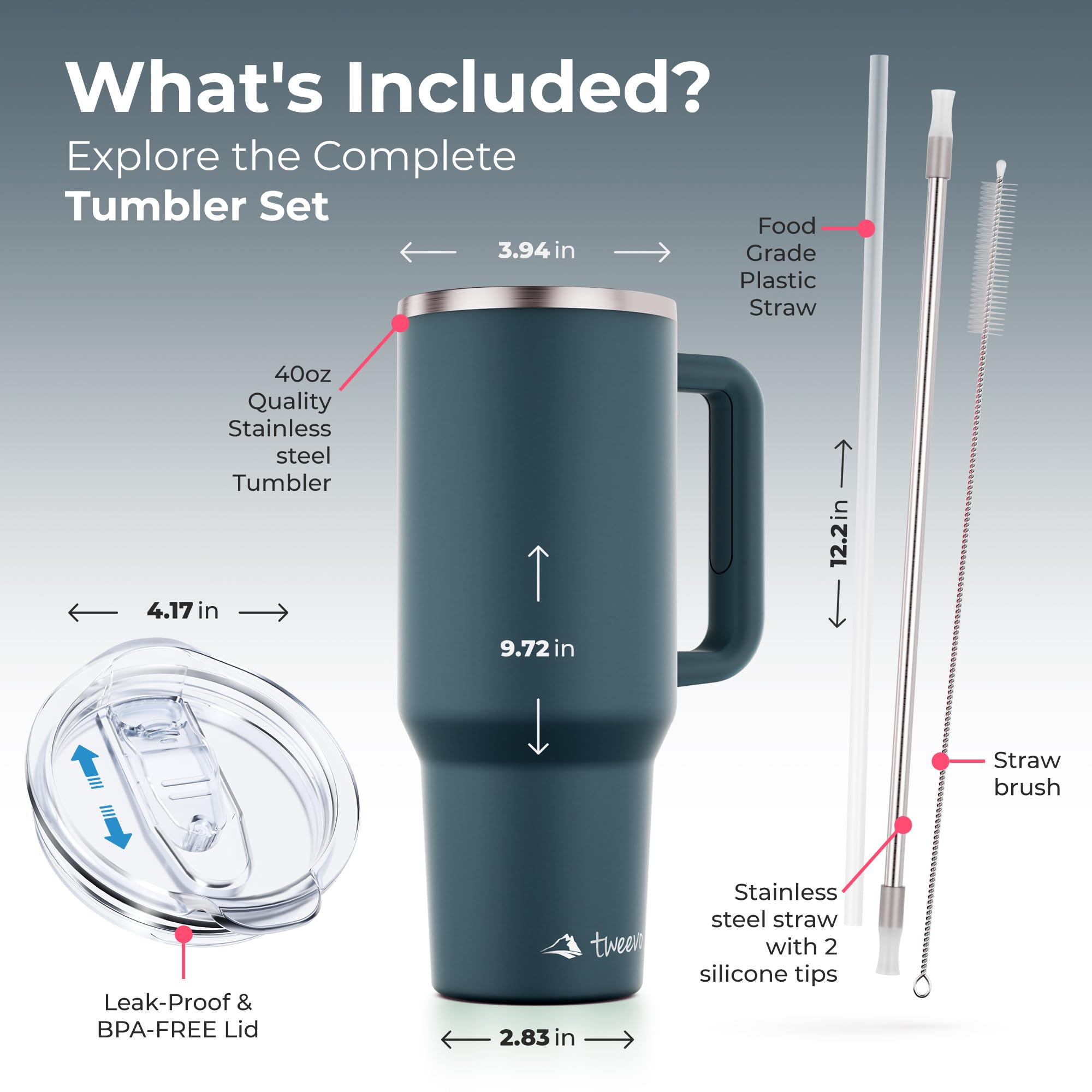 tweevo 40 oz Tumbler With Handle and Straw Made of Stainless Steel - Double Wall Vacuum Insulated Tumbler With Lid - Sweat Proof Easy Grip, BPA-Free, Dishwasher Safe Tumbler (Charcoal)