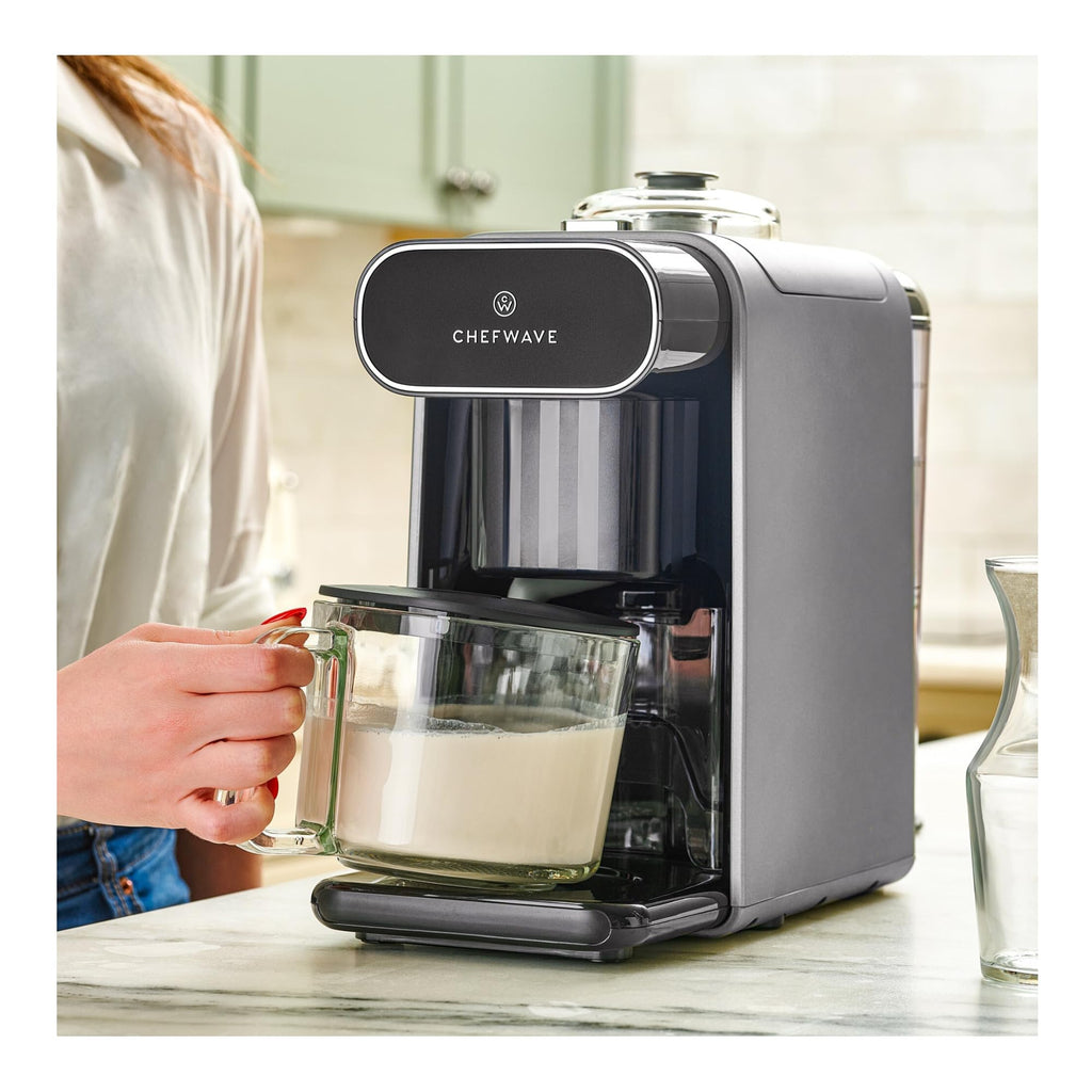 ChefWave Milkmade Soy Milk Maker 6-in-1 Vegan Plant-Based Milk Machine with Auto Clean, and Delay Start, Almond, Oat, Soy, Cashew, Coconut, Macadamia Milk Maker with Nut Platter (Silver/Black)