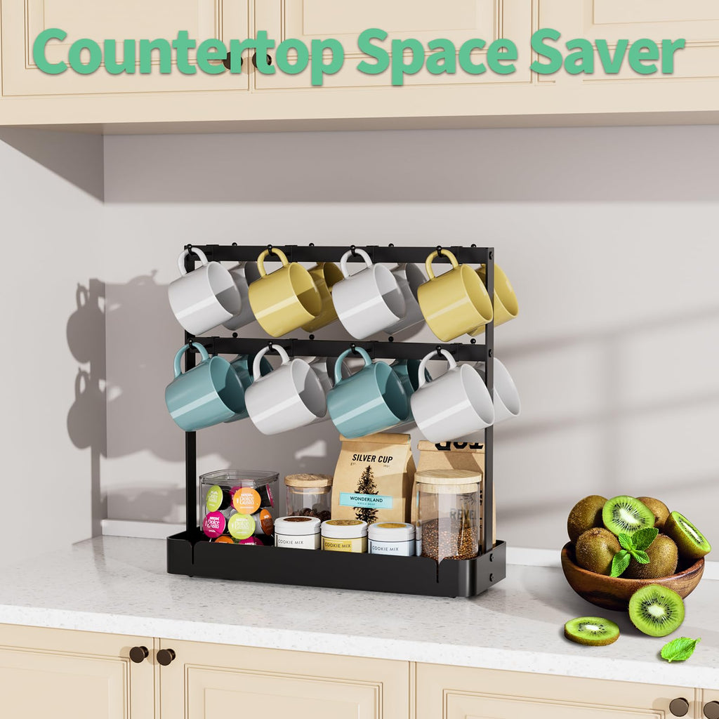 ZDDLOINP Coffee Mug Holder, 2 Tier Metal Mug Rack with 16 Movable Hooks