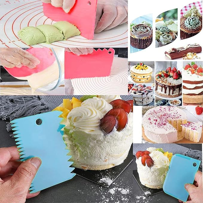 Cake Scraper Cake Decorating Comb,Cake Scraper Smoother,Flexible Plastic Dough Scraper For Bread Making,Reusable Pastry Pizza Dough Cutter Tool For Baking Cake Edge Stripe Decorating(6Pcs,Red,Pink)