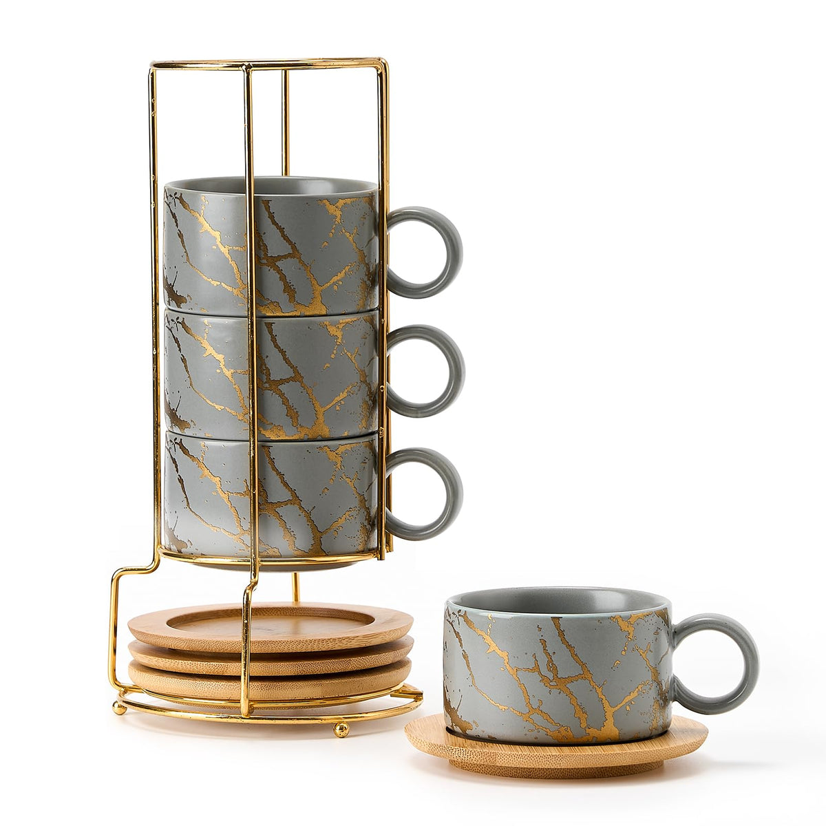 LUKA Porcelain Espresso Cup with Metal Stand,6 Ounce Stackable Ceramic Demitasse Espresso Mugs Cappuccino Cups Set for Latte,Coffee,Cafe Mocha,Tea - Set of 4 (Plaid Red & Gray)