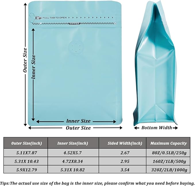 Coffee Bags with Valve (50 PCS,8oz/0.5lb) Blue High Barrier Aluminum Foil Flat Bottom Standing Coffee Beans Storage Packaging Bags, Reusable Heat Seal Side Zipper Pouches for Small Business and Home