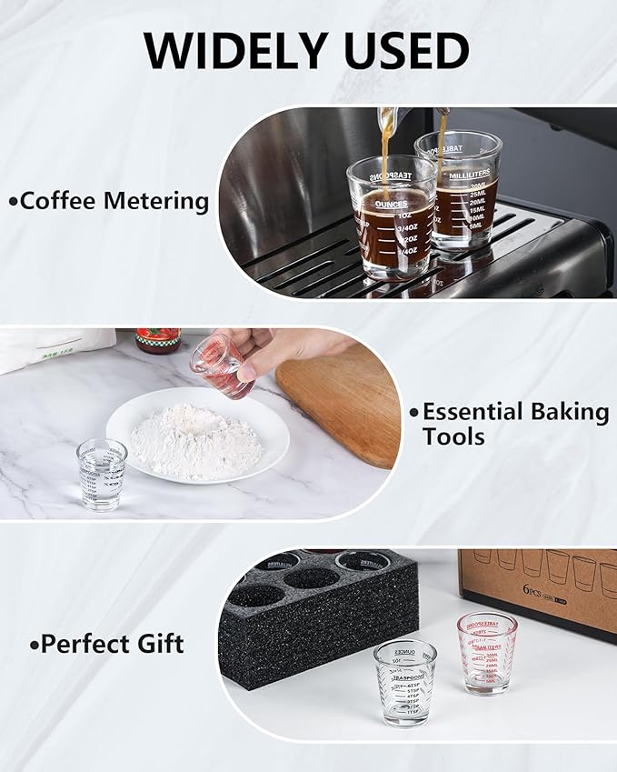 Shot Glasses Measuring Cup Set 6 Pack Espresso Shot Glasses Liquid Heavy Glass 26-Incremental Measurement 1 OZ, 2 TBS, 6 TSP, 30 ML Kitchen Tools(White)