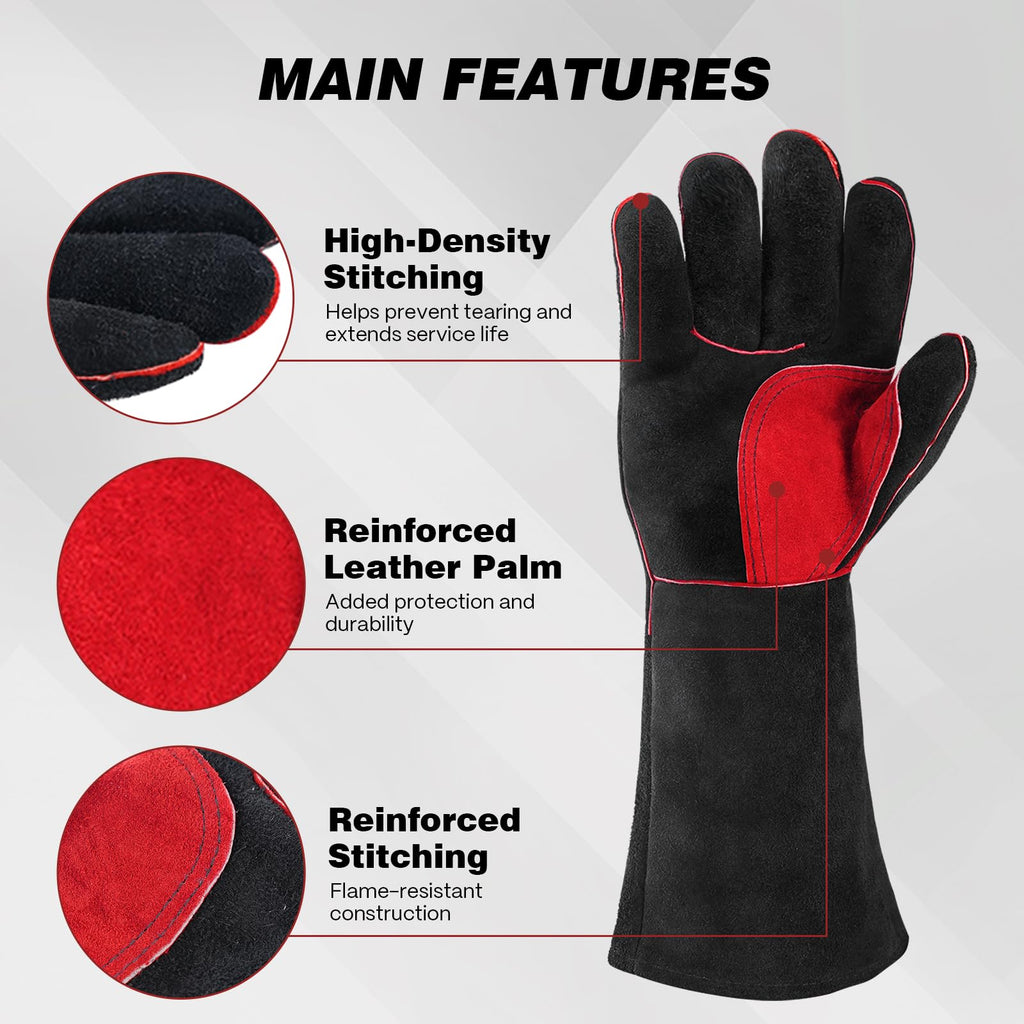ARCCAPTAIN Leather Welding Gloves for Men & Women, 16 Inches, Black-Red, L