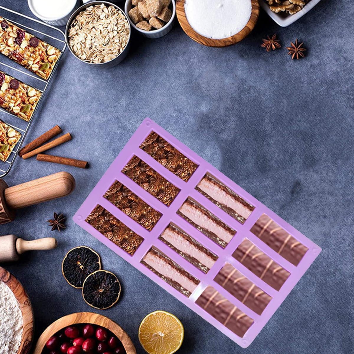 HLCM 2Pcs oat bar mold - 12rectangle silicone molds - Chocolate silicone mold for baking candies/energy bars, cheesecake, dried fruit cereal cookies (2, purple)