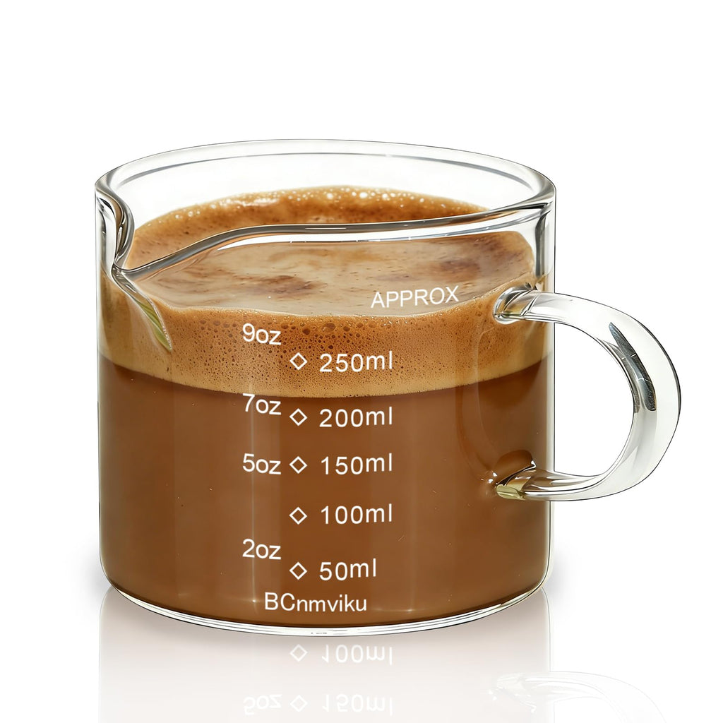 BCnmviku Espresso Cup Measuring Cup Triple Pitcher Milk Cup 250ML/8.5OZ Espresso Cups with Handle Shot Glass with V-Shaped Mouth Clear Accessories Milk Frothing Pitcher (1)