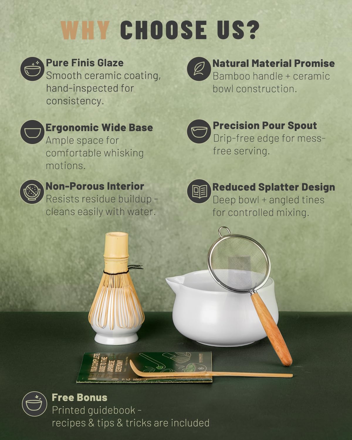 Nucookery Matcha Set with 18oz Ceramic Bowl Bamboo Whisk Kit 5pcs, White