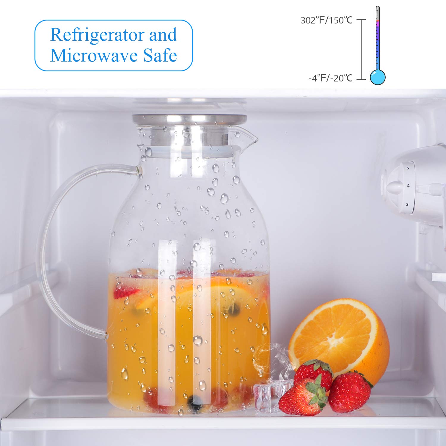 Glass Water Pitcher with Lid and Spout, 68oz/2L Borosilicate Glass