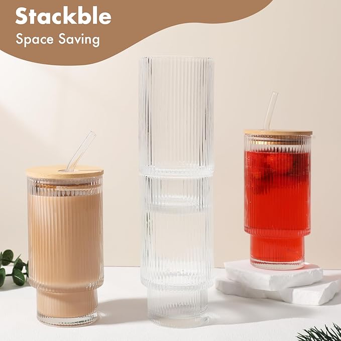 Glass Cups with Bamboo Lids and Straws - 16 oz Iced Coffee Cups, Vintage Ribbed Drinking Glasses, Tumbler for Juice, Beer, Coffee, Milk, Cocktail, Water (2 Pack)