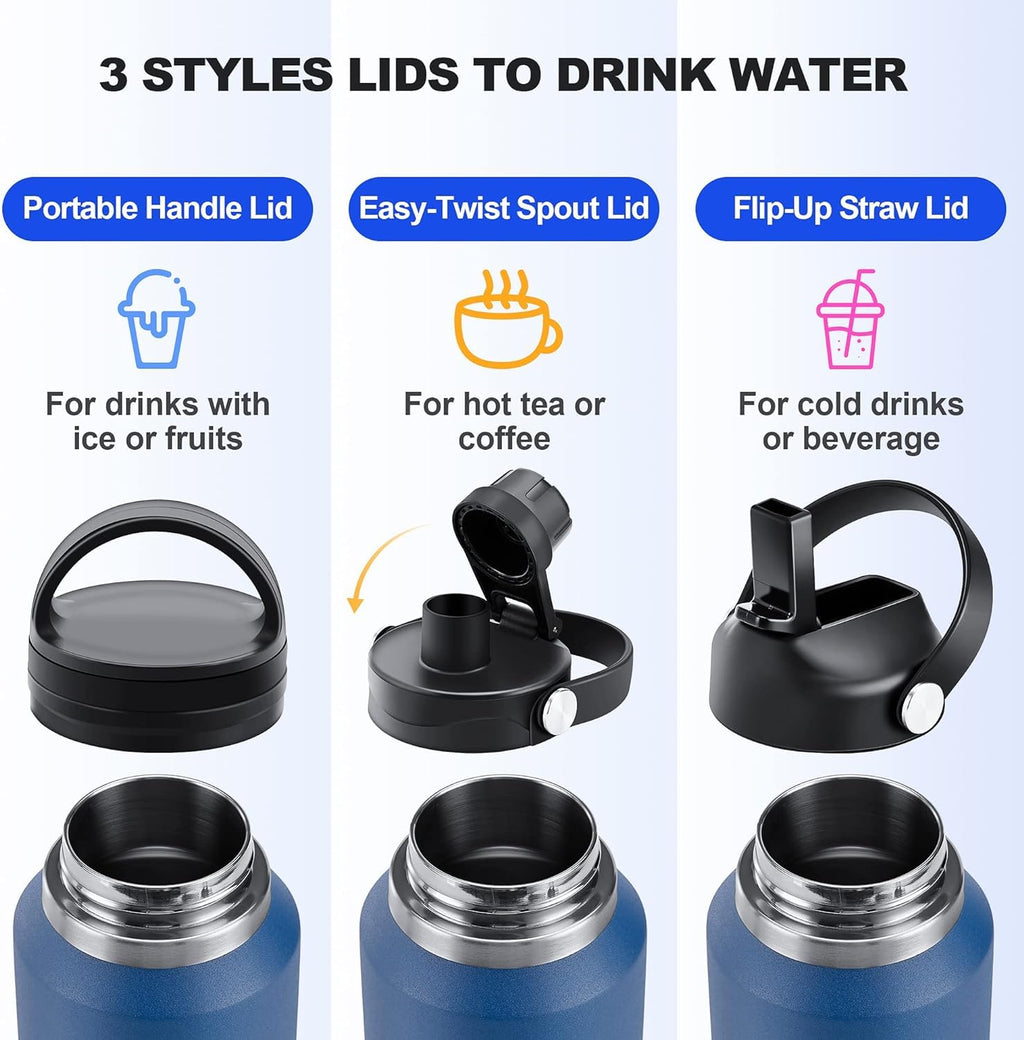 SENDESTAR 40oz Stainless Steel Water Bottle(Cold for 48 Hrs, Hot for 24 Hrs),Double Wall Vacuum Insulated Bottle with Straw Lid, Spout Lid and Flex Cap, Fit in Any Car Cup Holder，Navy