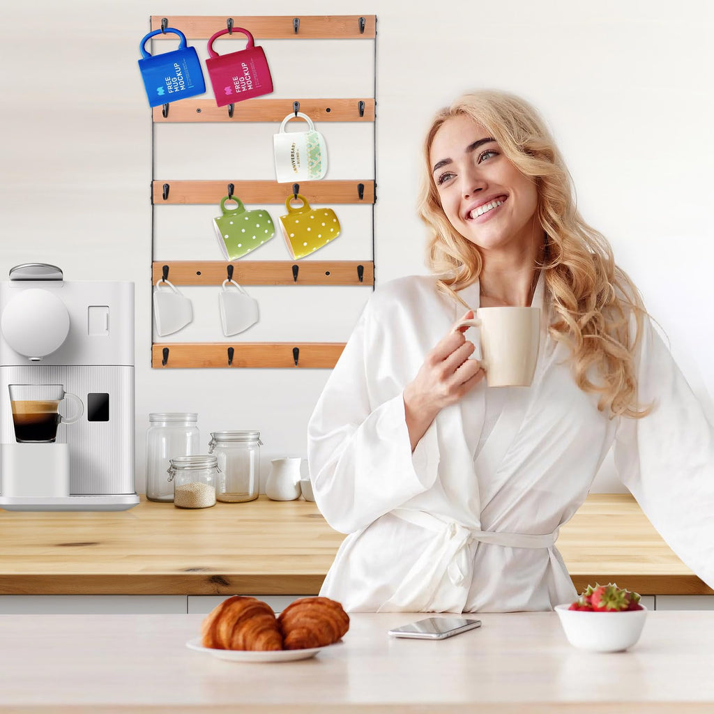 Aomomery Wall Mounted Coffee Mug Holder, Large 5 Tier Shelf with 20 Hooks for Cups, Rustic Wooden Display Rack for Kitchens, Homes and Bars (Bamboo)