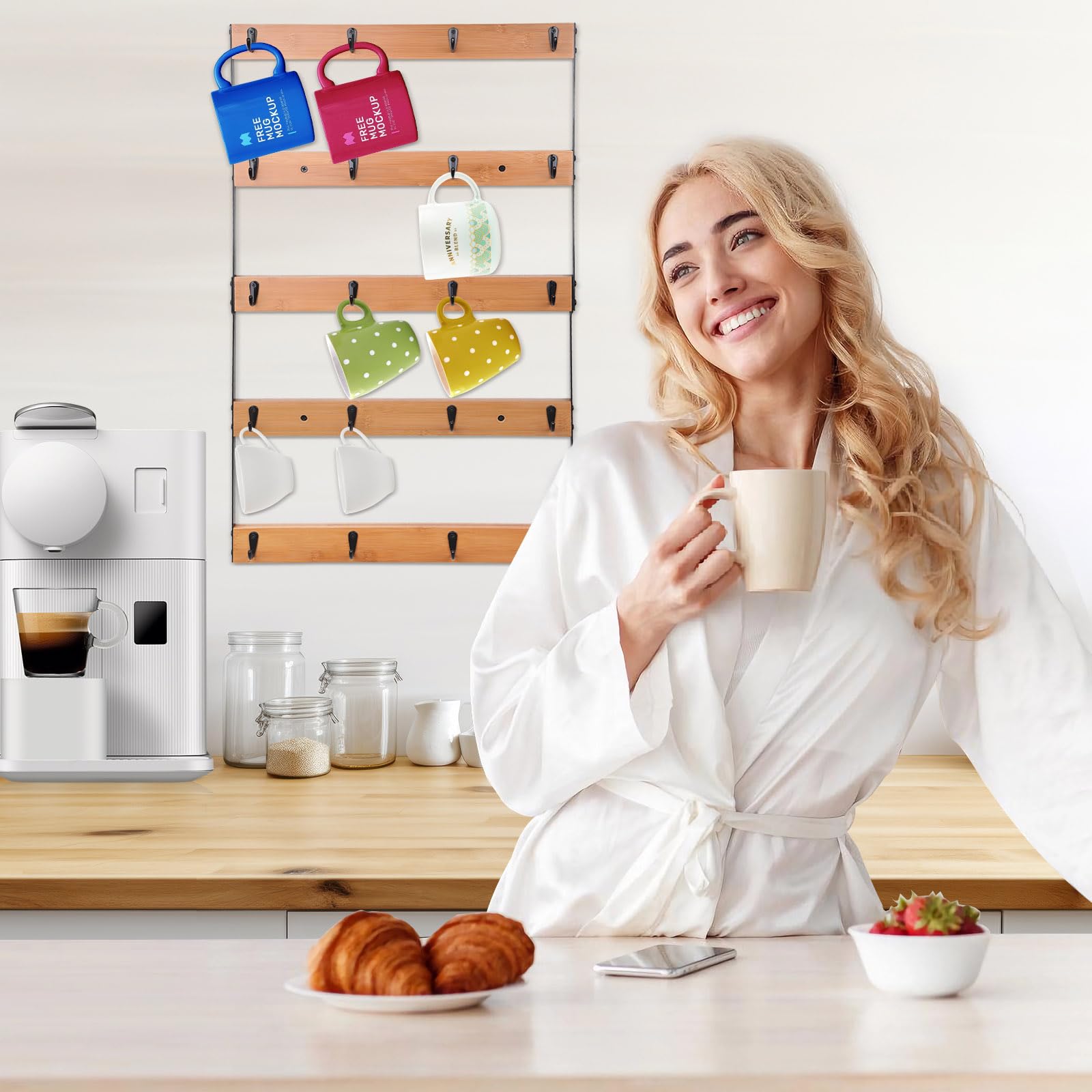 Aomomery Wall Mounted Coffee Mug Holder, Large 5 Tier Shelf with 20 Hooks for Cups, Rustic Wooden Display Rack for Kitchens, Homes and Bars (Bamboo)