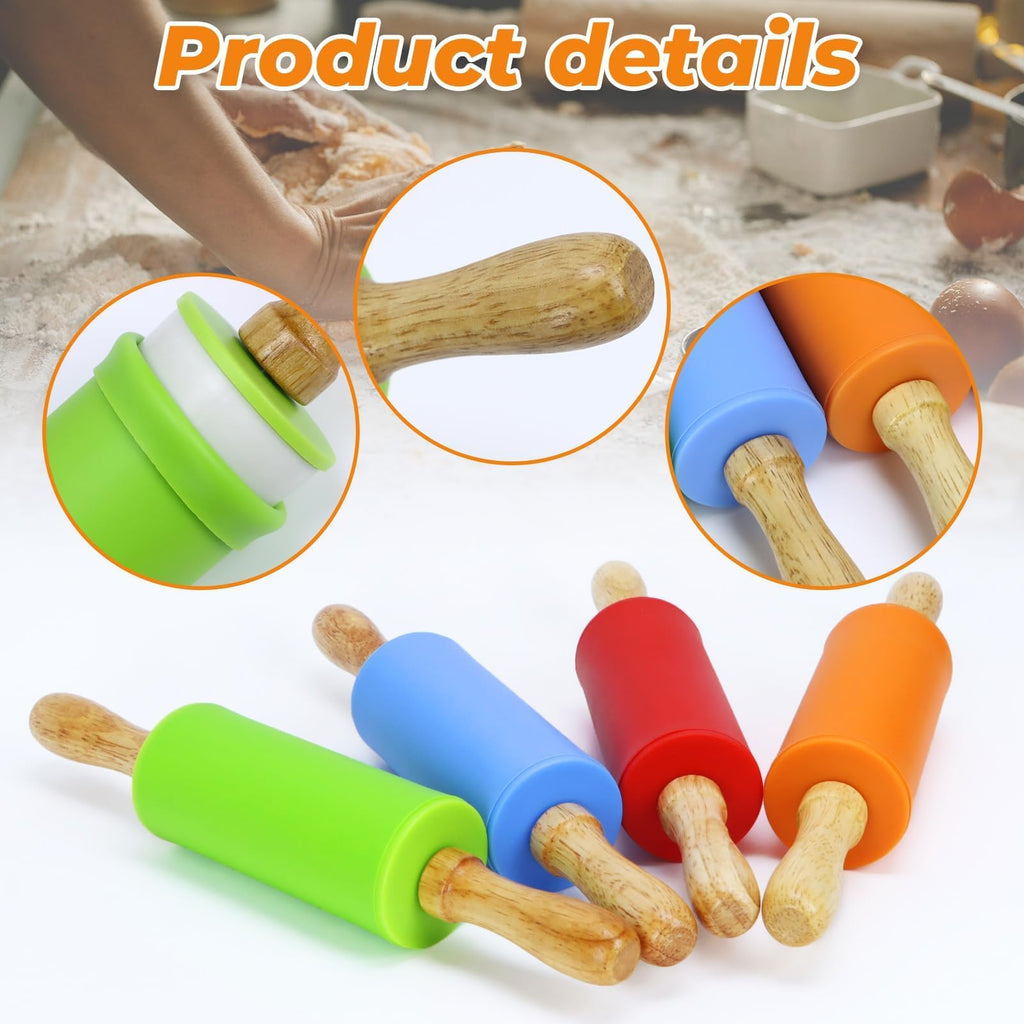 Faxco 4 Pack Mini Rolling Pin for Kids 9 Inch, Non-Stick Wooden Handle