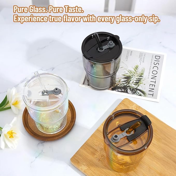 13 oz Glass Tumbler with Glass Straw and Lid, Leak-Proof Reusable Travel Cup for Iced Coffee, Tea, Matcha, Fruit Juice – Thick Wall Clear Water Bottle (Amber, 4 Pack)