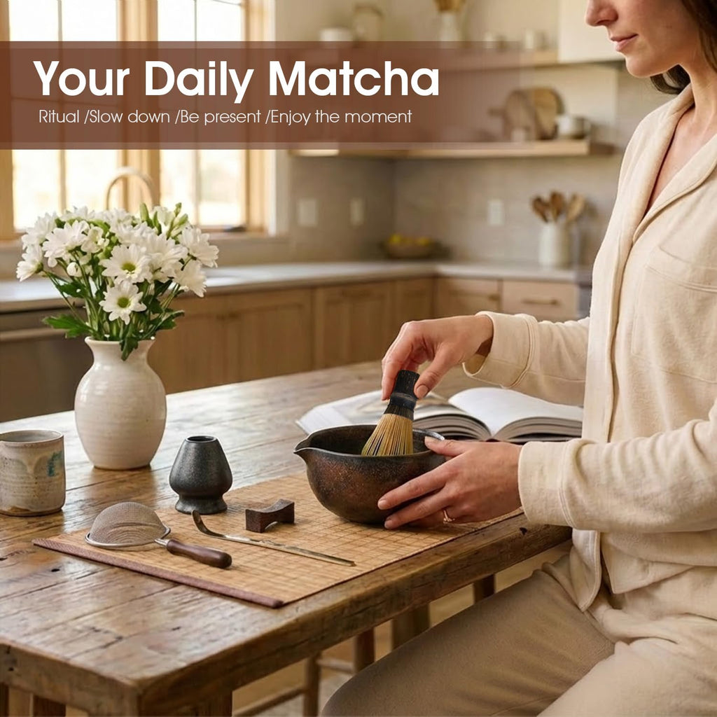 GleeNflux 7-Piece Matcha Set，Matcha Bowl & 100-Prong Purple Bamboo Whisk