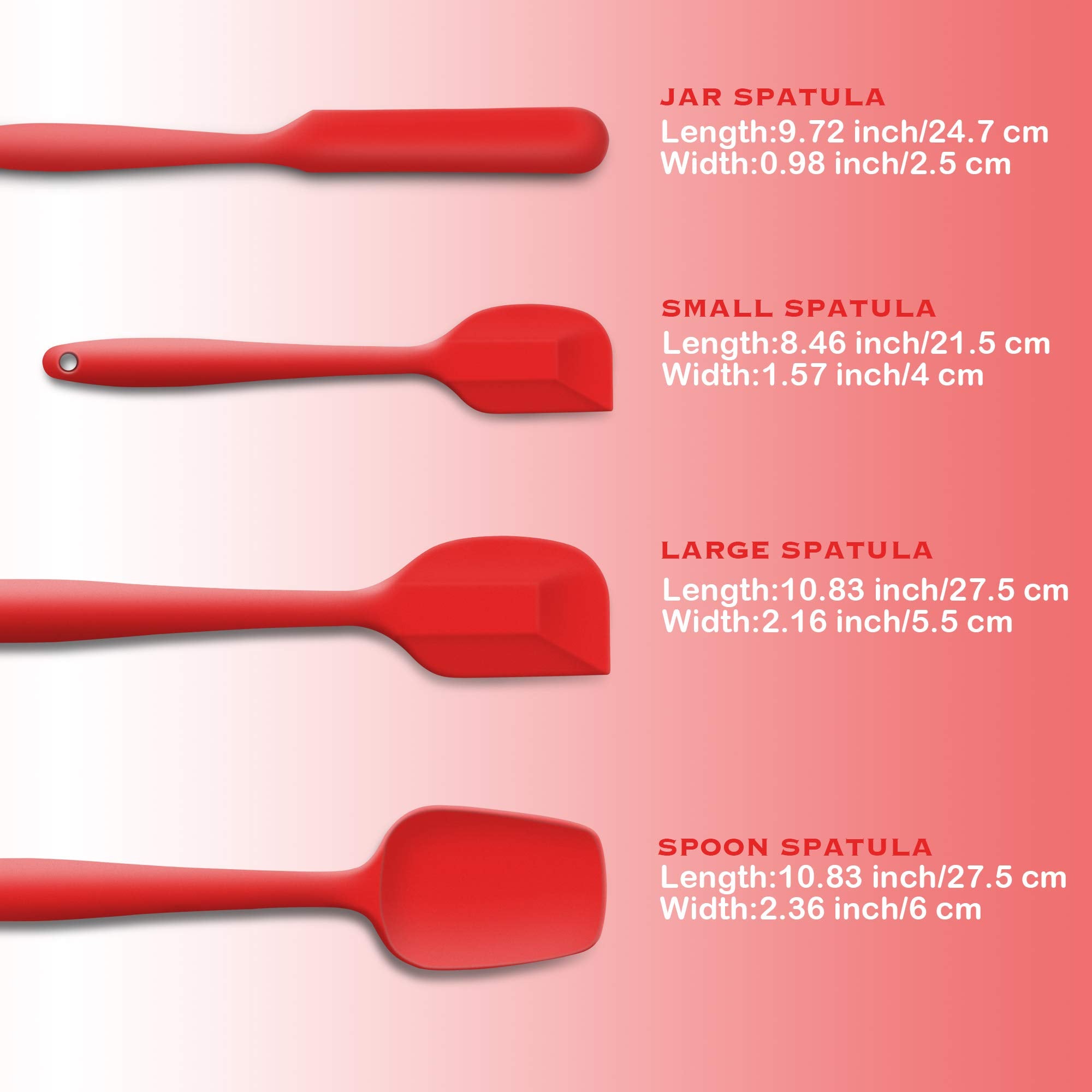 JXWING 4-Piece Silicone Spatula Set with Stainless Steel Core, Red