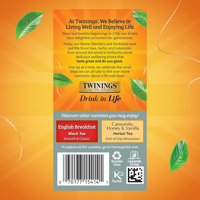 Twinings Prince of Wales Black Tea Individually Wrapped Bags, 20 Count (Pack of 6), Velvety Smooth & Mild, Caffeinated, Enjoy Hot or Iced, 120 Teabags