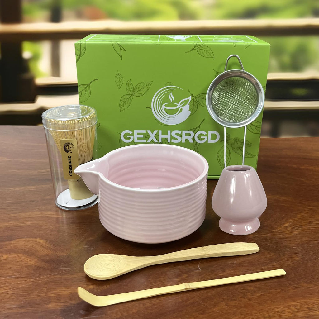 GEXHSRGD Matcha Whisk Set 6 pc Kit - Traditional Japanese Chasen, Bamboo Whisk Holder, Ceramic Bowl with Spout, Sifter & 2 pc Spoons - matcha kit set, Gift for Matcha Tea Lovers(Pink)