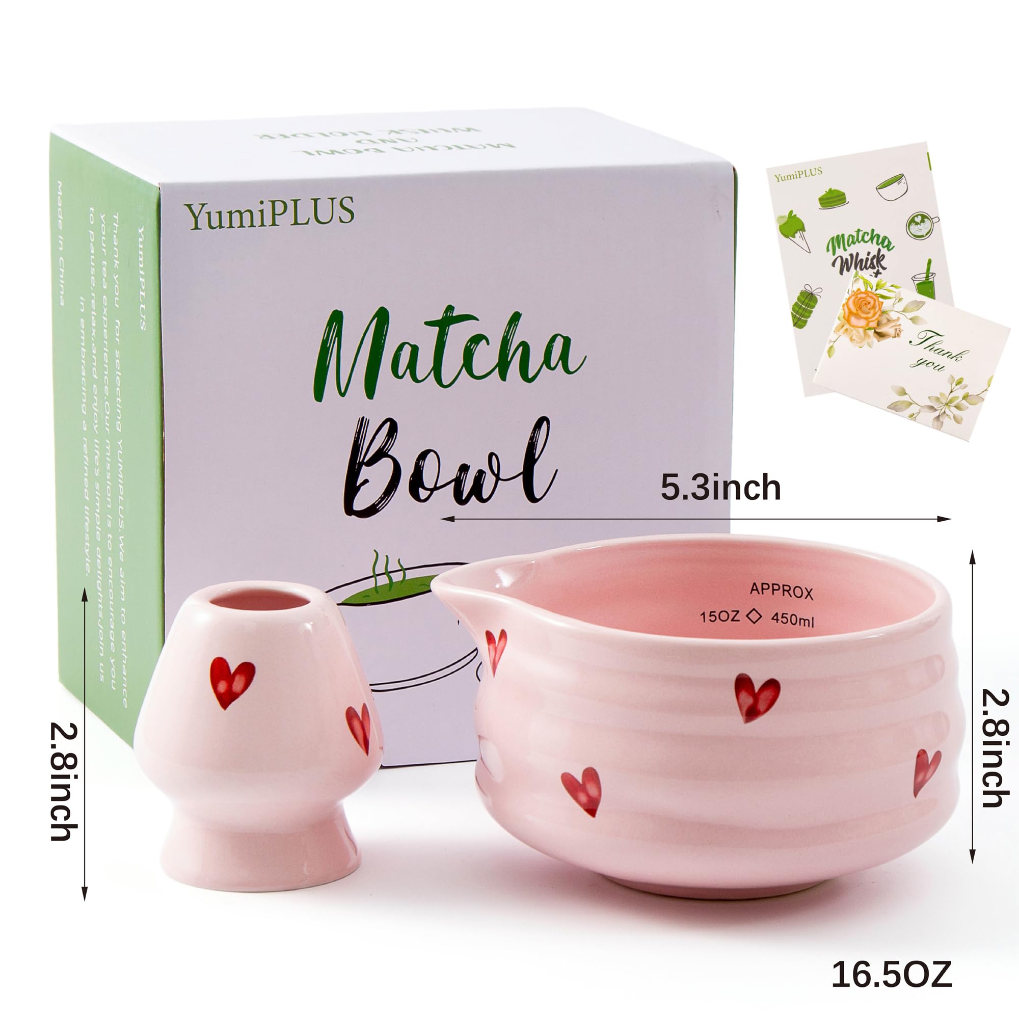 YumiPLUS 2pcs Matcha Bowl with Whisk Holder, Ceramic Pink Matcha Bowl with Spout, 16.5OZ Porcelain Bowl with Measurement Marks, Tea Mixing Bowl with Whisk Stand, Cute Valentine Gift (pink love)