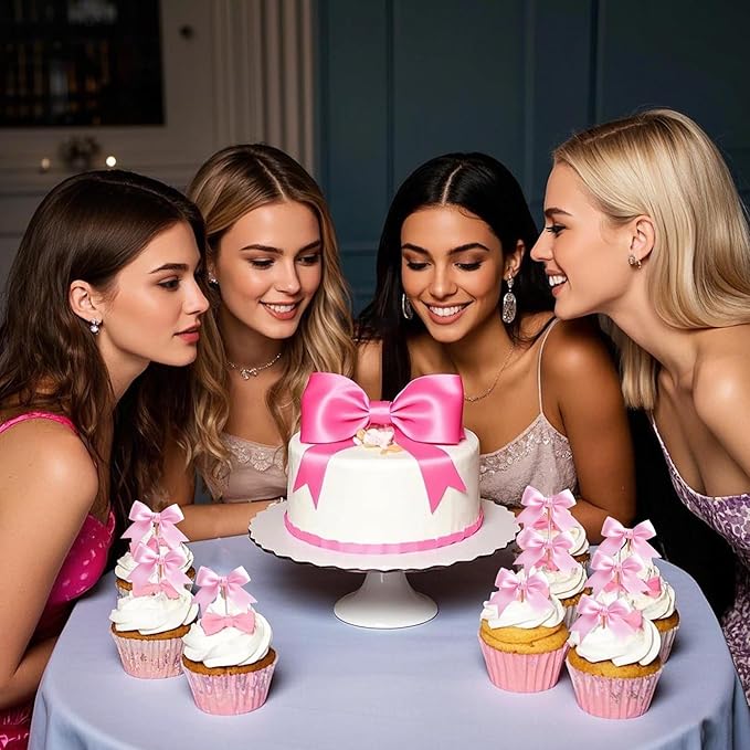 24Pcs Pink Bow Cupcake Toppers - Pink Bow Cake Topper Birthday Decorations, Bowknot Cupcake Picks for Coquette Bow Theme Party Decoration Bachelorette Bridal Engagement Wedding Baby Shower Party Decor