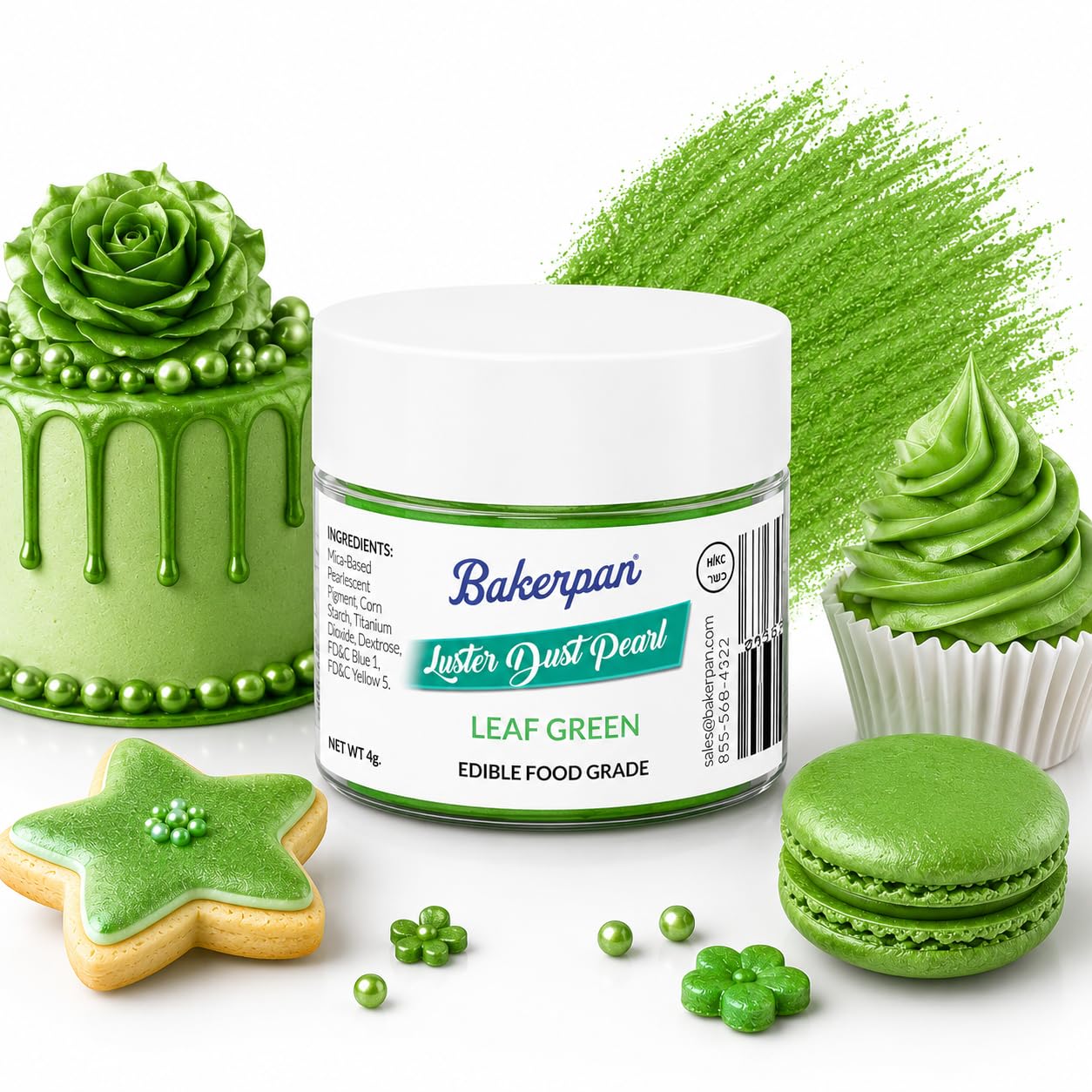 Bakerpan Pearl Luster Dust Edible, Leaf Green Edible Glitter for Cocktails, 4 Grams Edible Glitter for Cake Decorating, Cookies, Chocolates and Candies, Drinks (Made in USA)