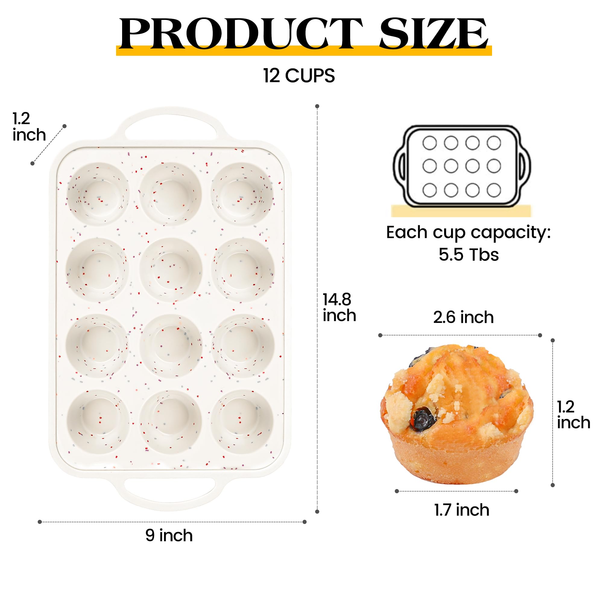 AOTASO 2 Pcs Silicone Muffin Pan with Metal Frame Nonstick 12 Cup Regular Size Cupcake Pan Silicone Muffin Tray for Baking Egg Bites Muffins Cupcakes Gifts for Mom Home Baker Kitchen (Cream)