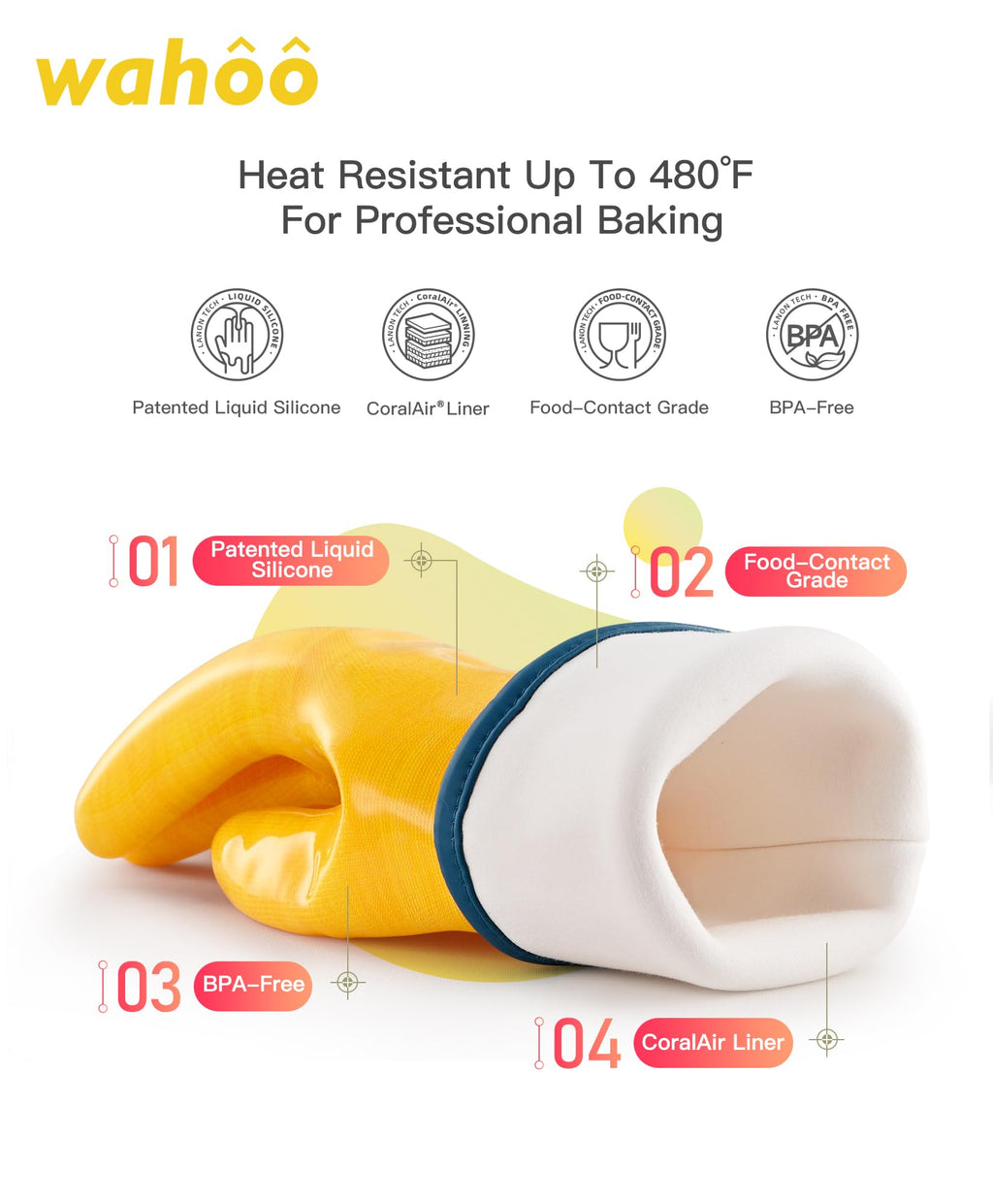 wahoo Professional Liquid Silicone Oven Mitts Gloves, Heat Resistant Gloves for Cooking, Baking, CoralAir Liner, 12 Inch, Yellow, Medium