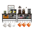 Helsin Industrial Wall Mounted Metal Wood Floating Shelves with Baskets Hooks Hanging Display Shelf Sundries Holder for Coffee Bar Kitchen Bathroom Organization and Home Decor, Black (16inch, 2 Sets)