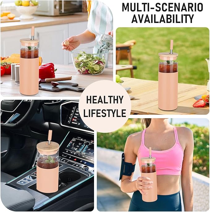 Glass Tumbler w/Lids & Straw - 24oz Reusable Glass Mug/Bamboo Lid & Stainless Steel Straw-BPA-Free,Leak-Proof,Dishwash Safe for Coffee/Smoothies/Hot Beverages, Travel/Office/Home Use,2-pk,Amber