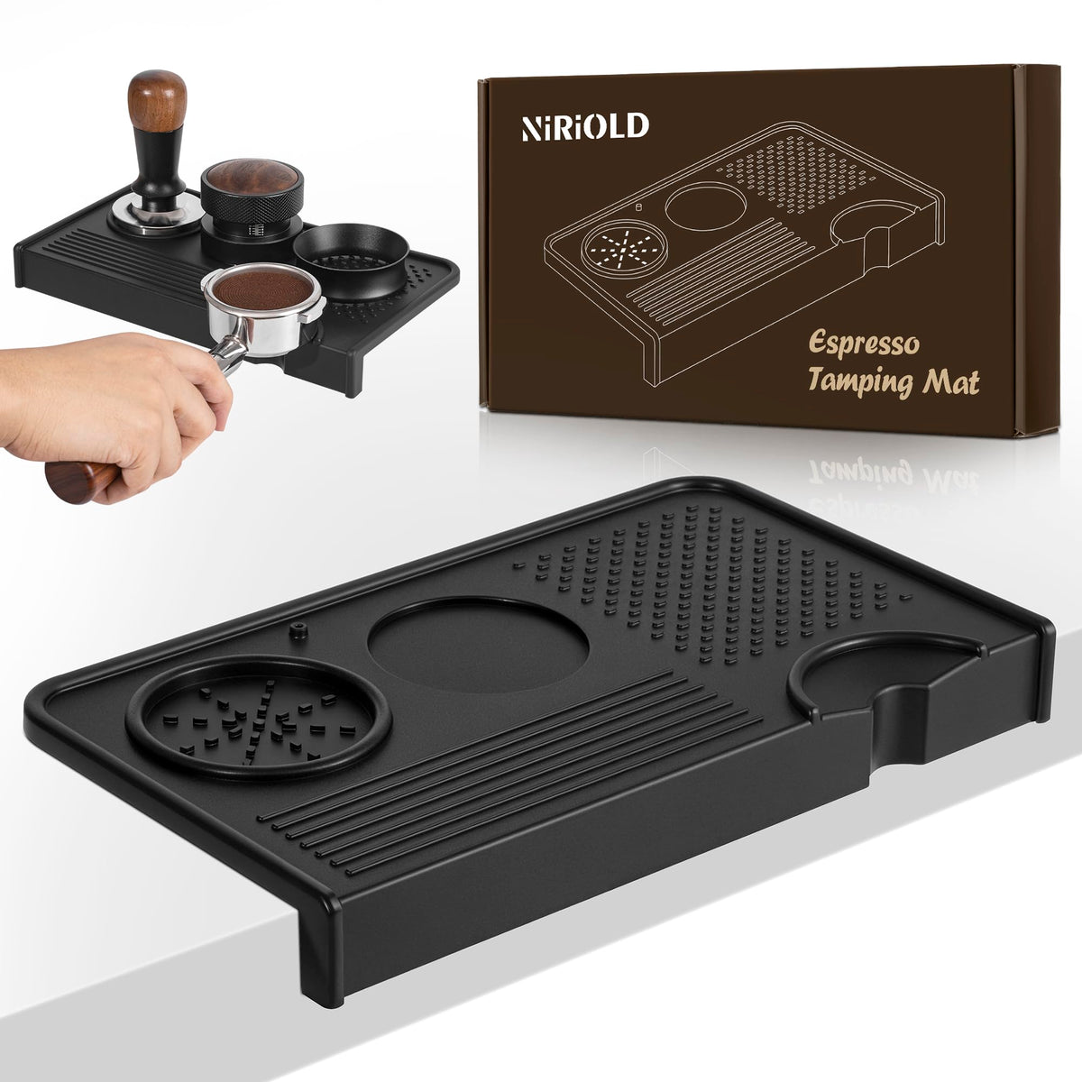 NiRiOLD Espresso Tamping Mat, Coffee Tamper Mat, Food Grade Silicone 10.43″×5.63″ Portafilter Mat for Barista Espresso Machine Acceessories, Waterproof Heat Resistant Tamp Station for counter (Black)