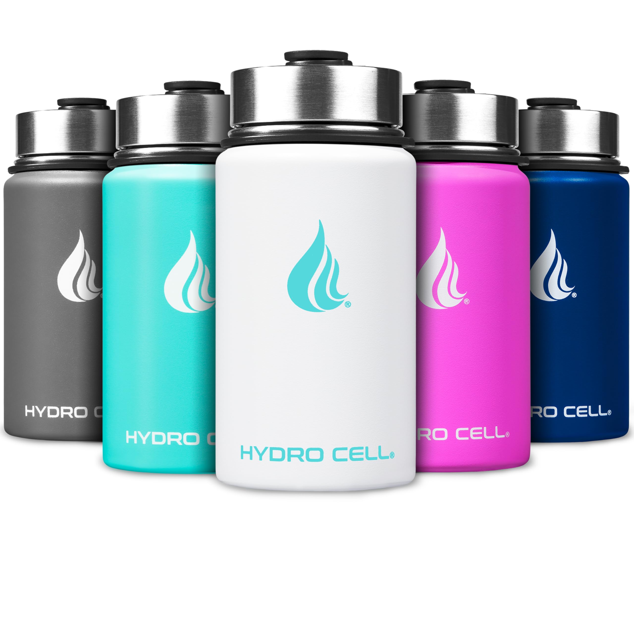 HYDRO CELL Stainless Steel Sport Water Bottle with Straw - Keeps Drinks Cold & Hot via a Leak Proof Metal Triple Insulated Vacuum Flask for All Sports and Outdoors Activities (White 14oz)