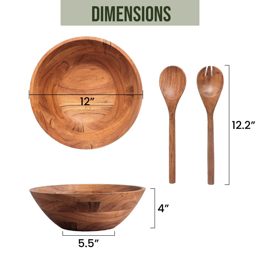 Luxe Designs Wooden Salad Bowl Set - Food Safe & Sustainable Decorative Bowl - Wood Bowl for Fruits, & Salads - Easy to Clean Large Salad Bowls Set w/Spoon, Fork – Wooden Bowls for Food