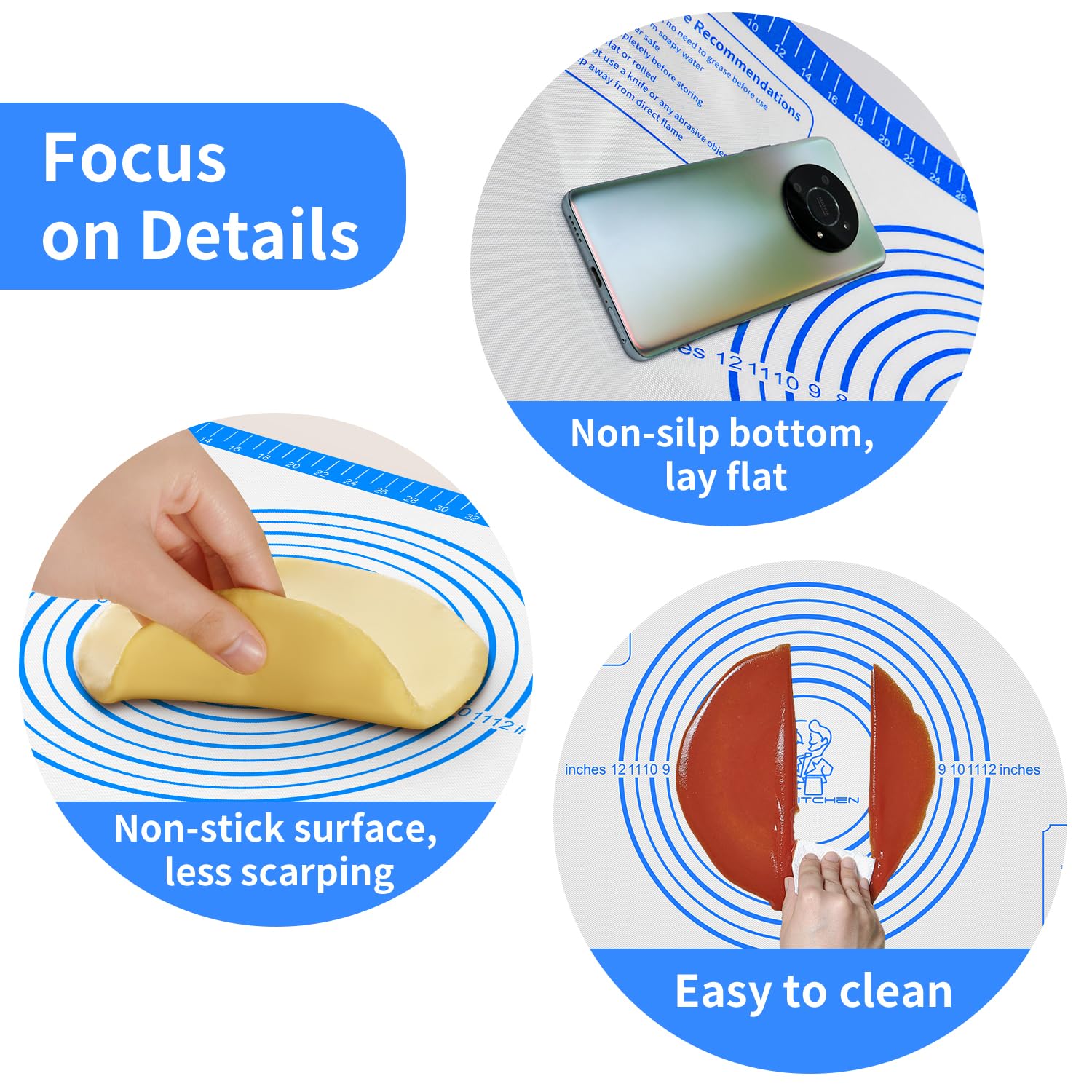 Silicone Pastry Mat for Dough Rolling,Silicone Baking Mat with Measurement for Baking Pie Crust, Pizza & Cookies, Non stick & Non Slip Silicone Mat