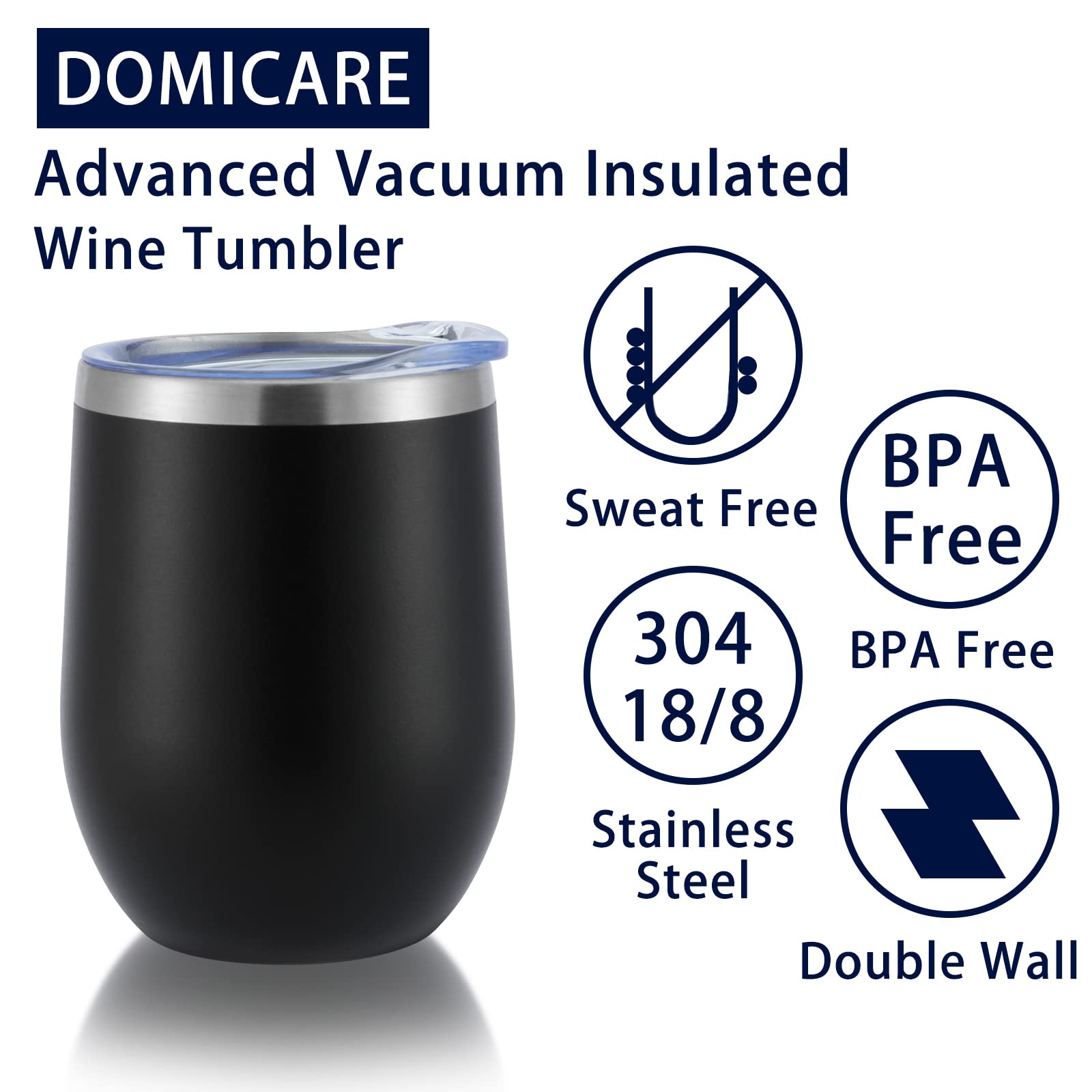 DOMICARE Stainless Steel Wine Tumbler Bulk with Lid, Personalized Insulated Tumblers Set, 12oz Travel Coffee Cups Pack of 1, Black