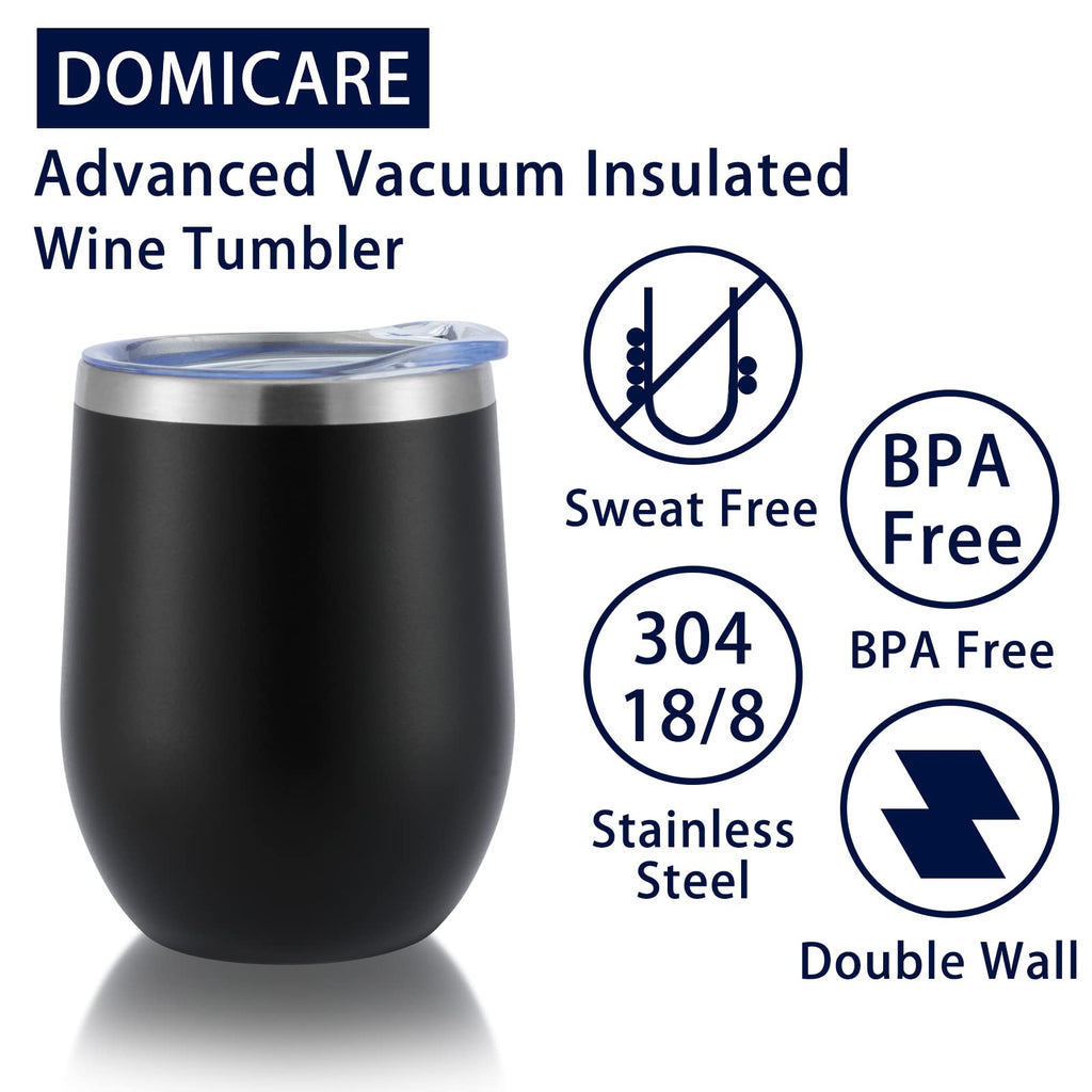 DOMICARE Stainless Steel Wine Tumbler Bulk with Lid, Personalized Insulated Tumblers Set, 12oz Travel Coffee Cups Pack of 4, Black