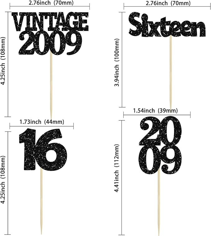Gyufise 24Pcs 16th Birthday Cupcake Toppers Glitter Sixteen Vintage 2009 Sweet 16 Cupcake Picks Hello 16 Years Birthday Cake Decorations for Happy 16th Birthday Anniversary Party Supplies Black