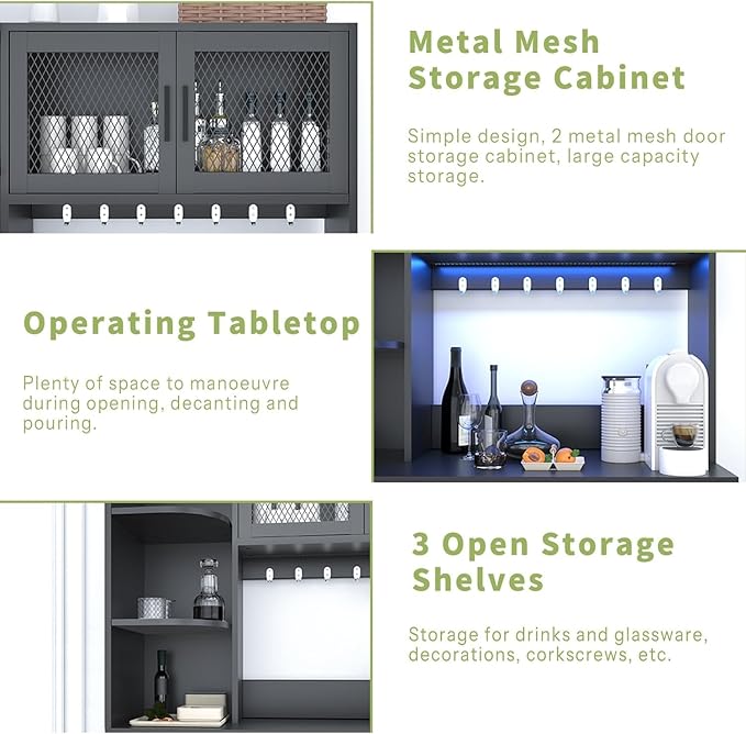 67.3" Tall Modern Black Kitchen Pantry Storage Cabinet with Drawer and Shelves, Tilt Out Trash Can, Coffee Bar Wine Cabinet with LED Lights and Power Outlet, Wine Glass Rack, 2 Mesh Doors