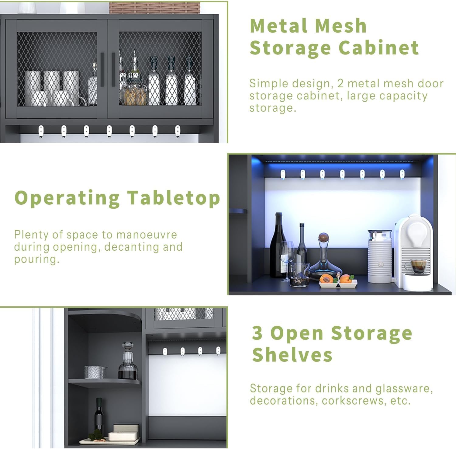 DynJest 67.3" Tall Modern Black Kitchen Pantry Storage Cabinet with Drawer and Shelves, Tilt Out Trash Can, Coffee Bar Wine Cabinet with LED Lights and Power Outlet, Wine Glass Rack, 2 Mesh Doors