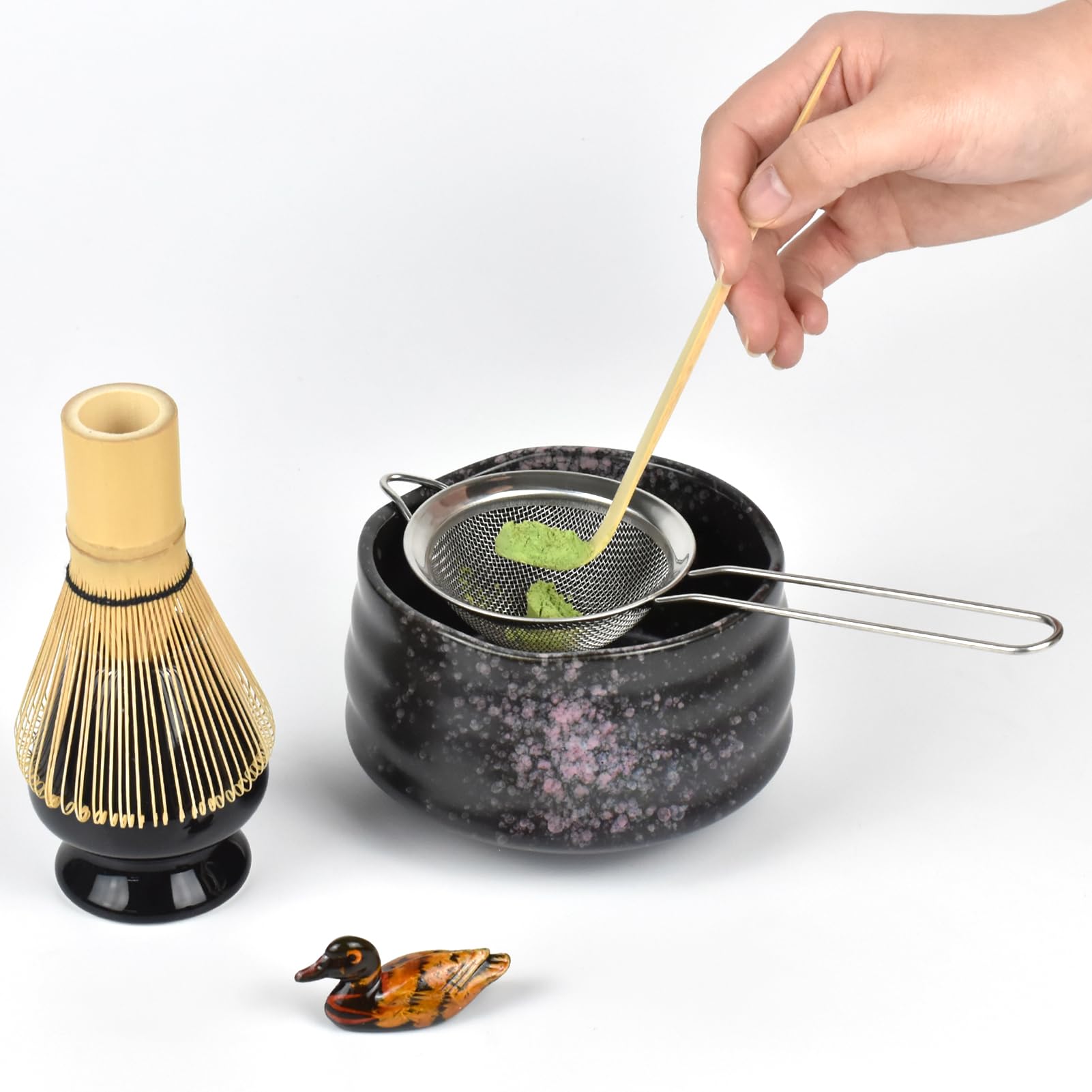 Artcome Matcha Ceremony Kit for Japanese Tea Ceremony, Traditional Matcha Bowl, Whisk, Tea Scoop, Matcha Powder Strainer, Matcha Tea Set For Making Usucha, Koicha and Matcha Latte (Black)