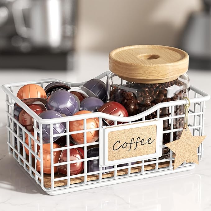Coffee Pod Holder for Counter and Bar - Large Capacity White Wire Storage Organizer With Cork Liner - Bar Accessories