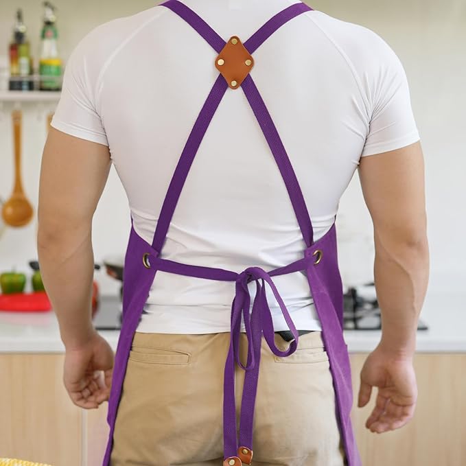 Canvas Aprons for Men Chef Apron, Work Apron with Large Pockets - 16oz Heavy Duty Cross Back, BBQ, Cooking