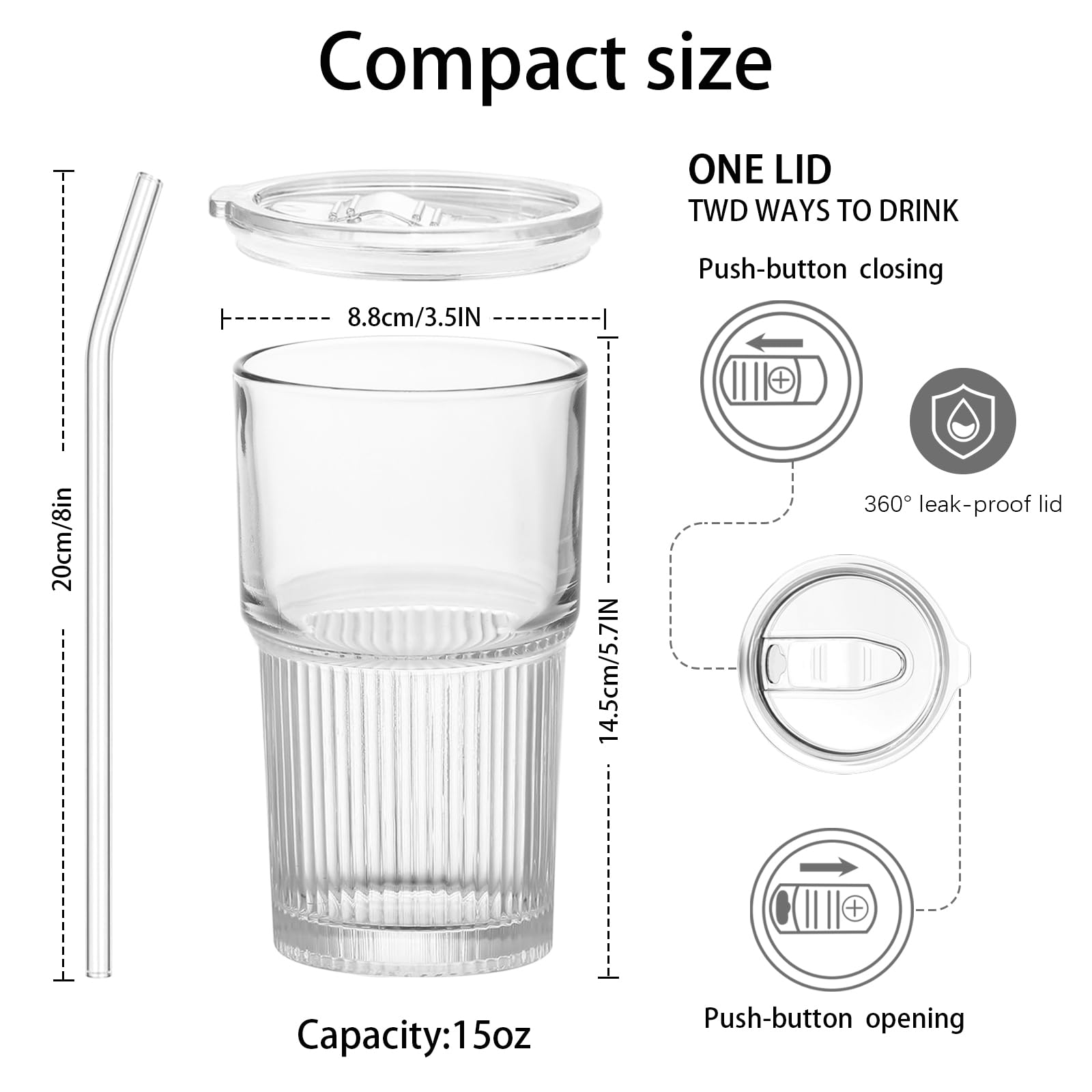 Luiaiog 18.5oz Glass Cups with Lids and Straws - Set of 4 Reusable Tumblers, Thickened Shatter-Resistant Glass, Ideal for Iced Coffee, Smoothies, Cocktails, Juices - Elegant & Durable Drinkware