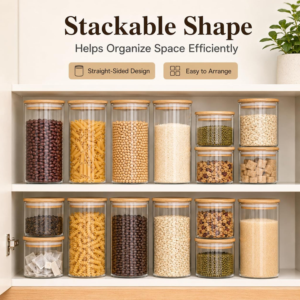 MOLFUJ 1200 ML / 40 FL Oz Glass Storage Container with Wood Lid, Stackable Clear Decorative Organizer Bottle Canister Pantry Jar with Air Tight Wooden Lid for Food, Coffee, Candy, Sugar, Salt, Tea