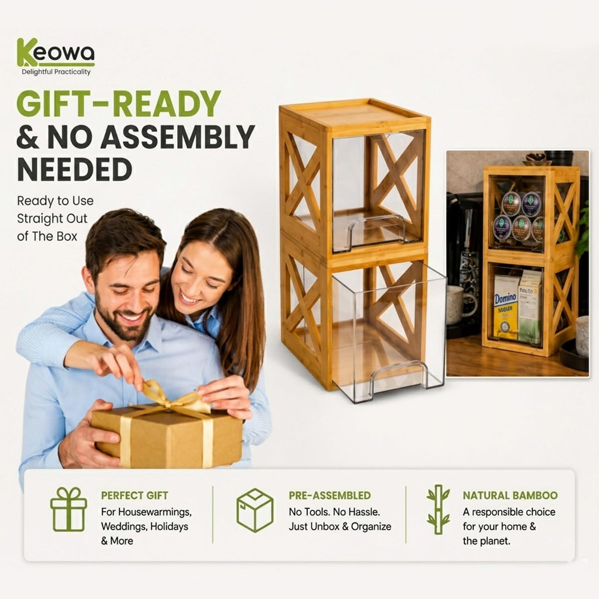 Bamboo Snack & Pantry Organizer, Stackable Pull-Out Drawers, 2 Pack
