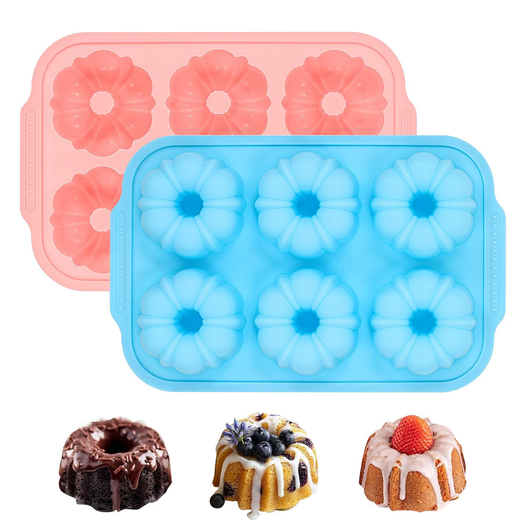 FUNBAKY Mini Fluted Tube Cake Pans for Baking with Metal Reinforced Frame, 2Pcs Silicone 6-Cavity Mini Flan Molds, Nonstick Baking Mold for Cupcake, Brownie, Donuts, Cornbread, Jello