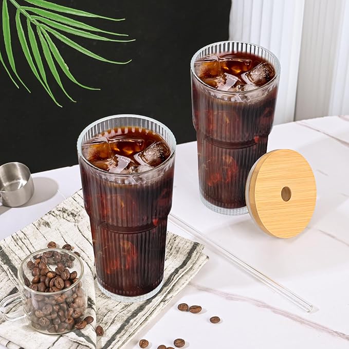 20oz Glass Cups with Lids and Straws,4PCS Ribbed Glass Coffee Cups,Iced Coffee Cups with Lid,Vintage Bamboo Tumbler for Juice,Smoothies