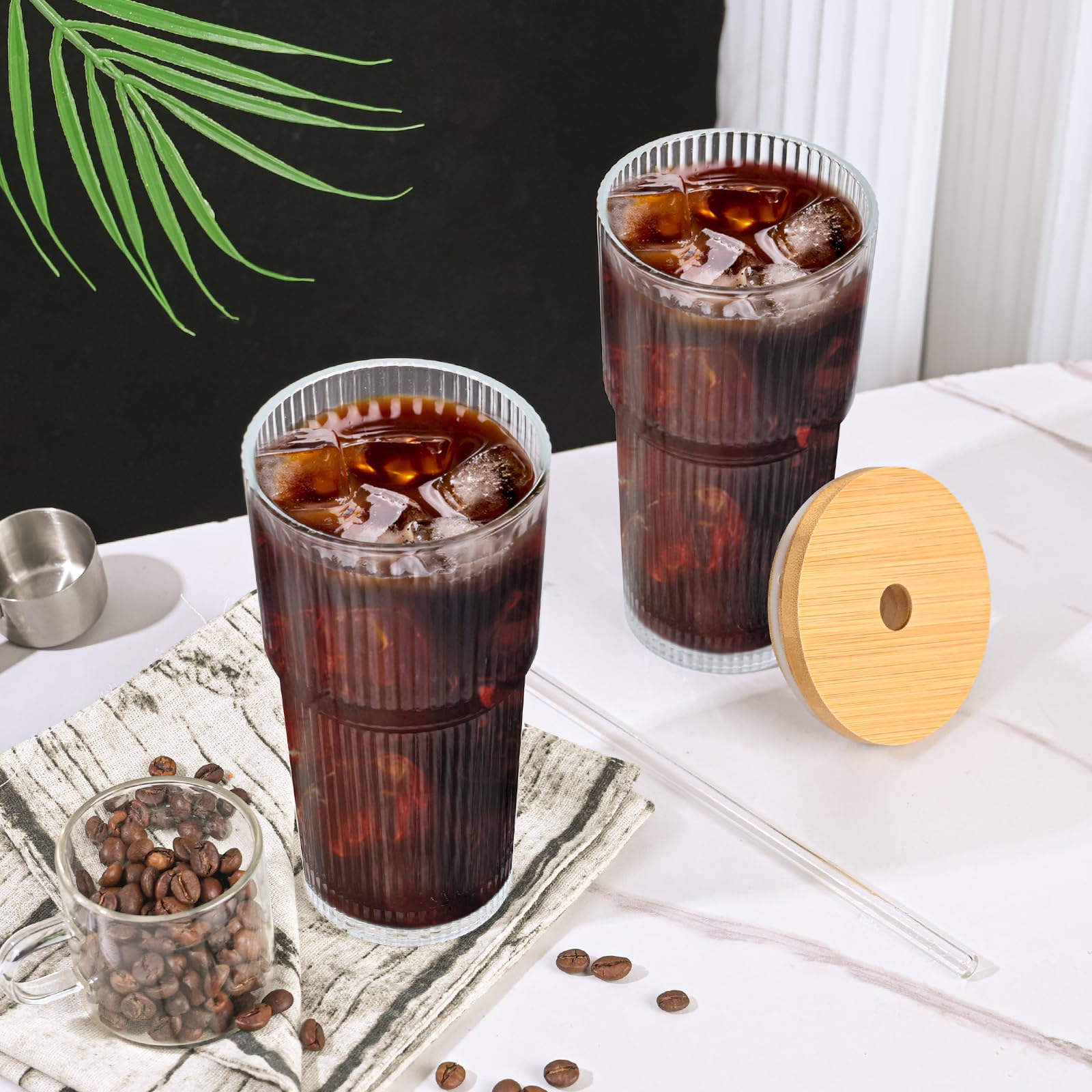 AUFXKOO 20oz Glass Cups with Lids and Straws,2PCS Ribbed Glass Coffee Cups,Iced Coffee Cups with Lid,Vintage Bamboo Tumbler for Juice,Smoothies